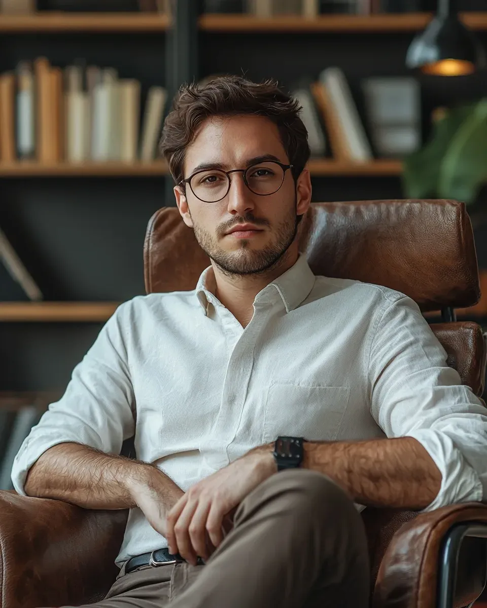 Męska sesja biznesowa Kraków — portret w fotelu